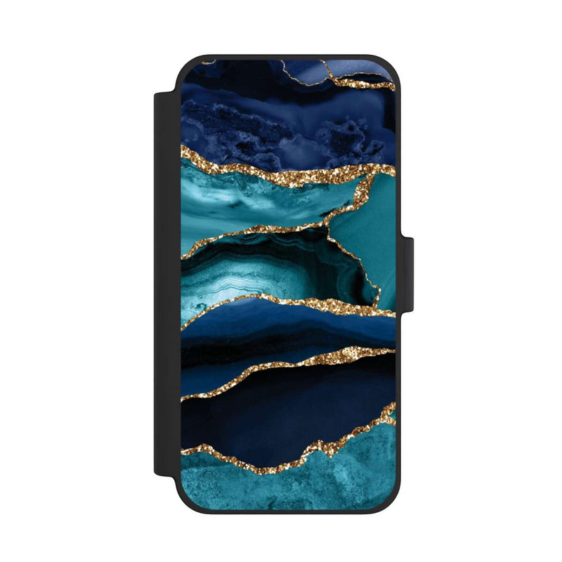 iPhone 12 mini NIVOflip Aspect pailleté doré marbré bleu foncé et bleu clair