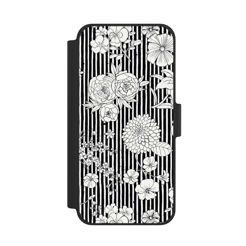 iPhone 12 mini NIVOflip Fleurs et rayures noir et blanc