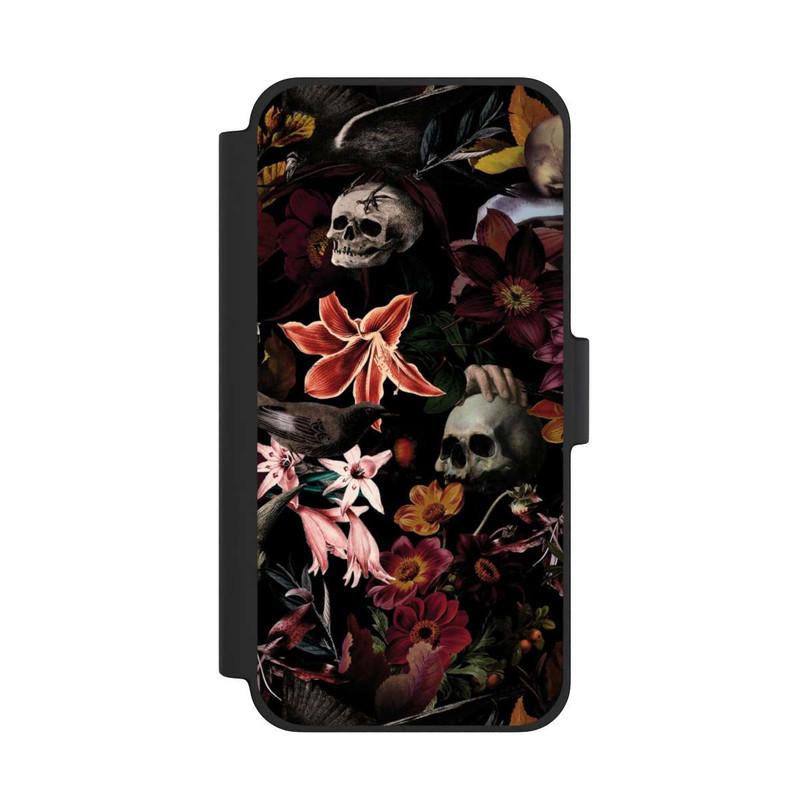 iPhone 12 mini NIVOflip Totenköpfe und Blumen auf dunklem Hintergrund