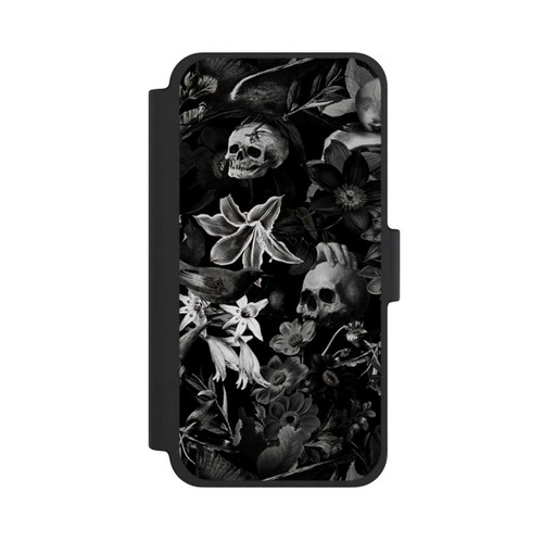 Apple iPhone 12 mini NIVOflip Totenköpfe und Blumen auf schwarzem Hintergrund