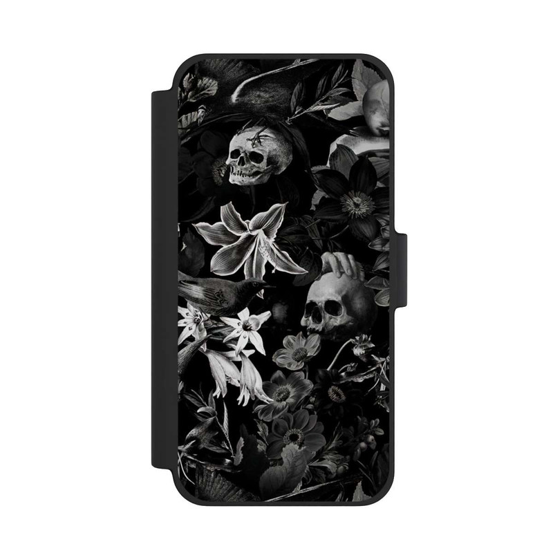 iPhone 12 mini NIVOflip Totenköpfe und Blumen auf schwarzem Hintergrund