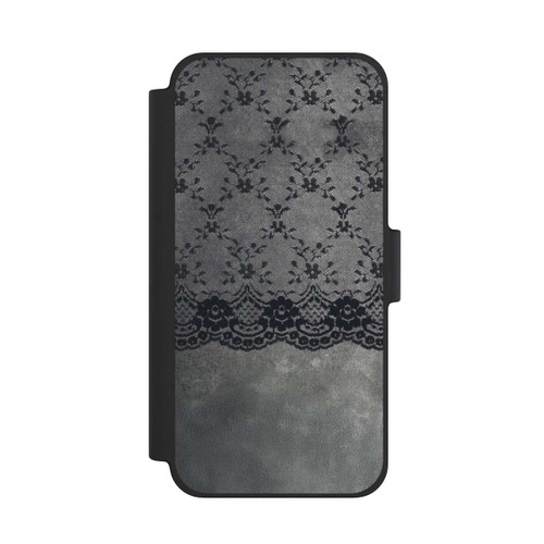 Apple iPhone 12 mini NIVOflip Schwarzes Spitzenmuster auf grauem Hintergrund
