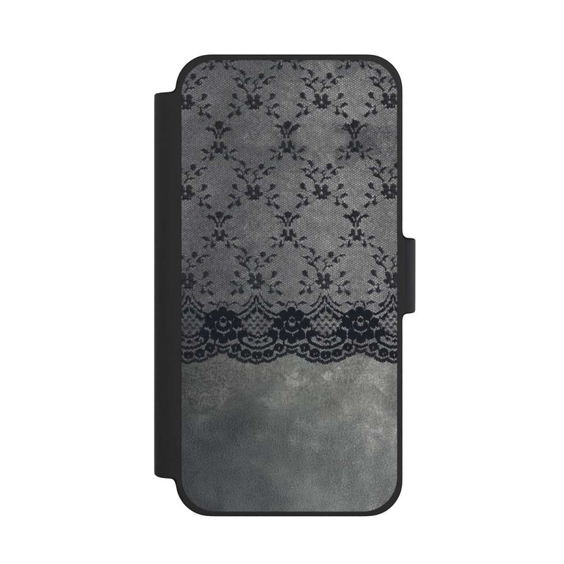 iPhone 12 mini NIVOflip Schwarzes Spitzenmuster auf grauem Hintergrund