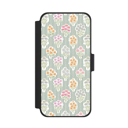Apple iPhone 12 mini NIVOflip Ditsy Flower Sticker Bouquets on Blue and Cream Pinstripes