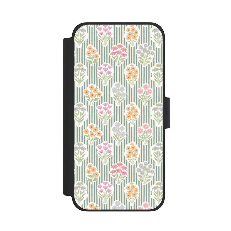 iPhone 12 mini NIVOflip Ditsy Flower Sticker Bouquets on Blue and Cream Pinstripes