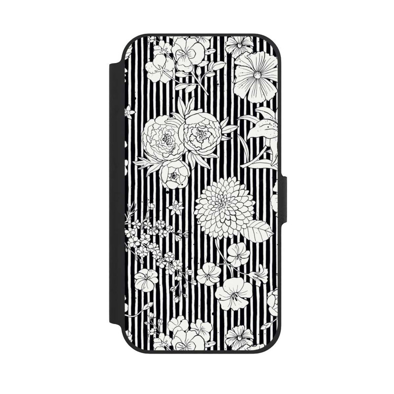 iPhone 12 NIVOflip Fleurs et rayures noir et blanc