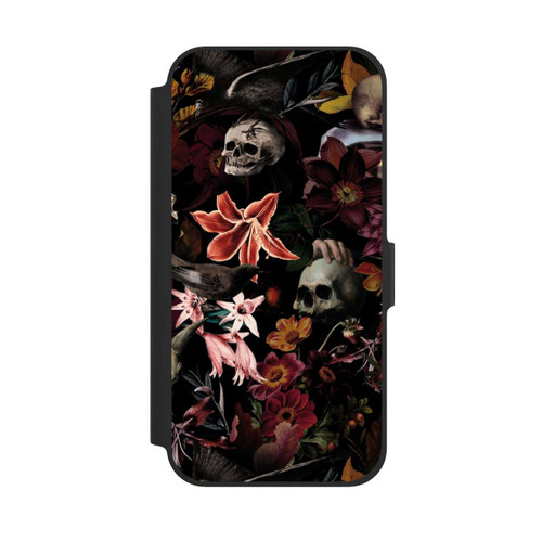 Apple iPhone 12 NIVOflip Totenköpfe und Blumen auf dunklem Hintergrund