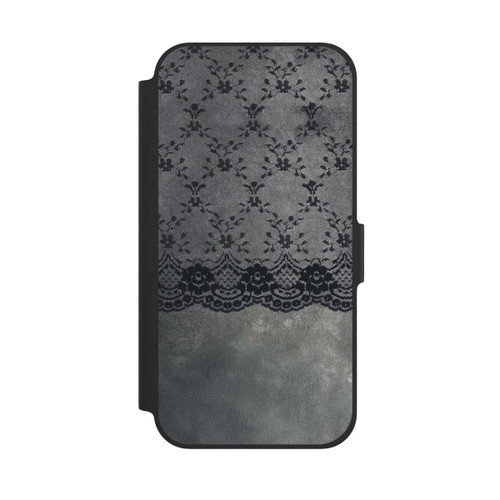Apple iPhone 12 NIVOflip Schwarzes Spitzenmuster auf grauem Hintergrund