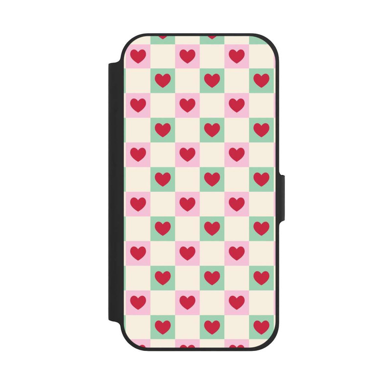 iPhone 12 NIVOflip Cœurs à Carreaux Rose et Vert Saint-Valentin