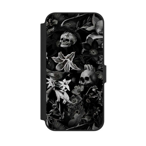 Apple iPhone 12 Pro NIVOflip Totenköpfe und Blumen auf schwarzem Hintergrund