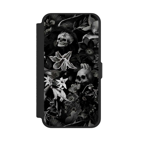 Apple iPhone 12 Pro Max NIVOflip Totenköpfe und Blumen auf schwarzem Hintergrund
