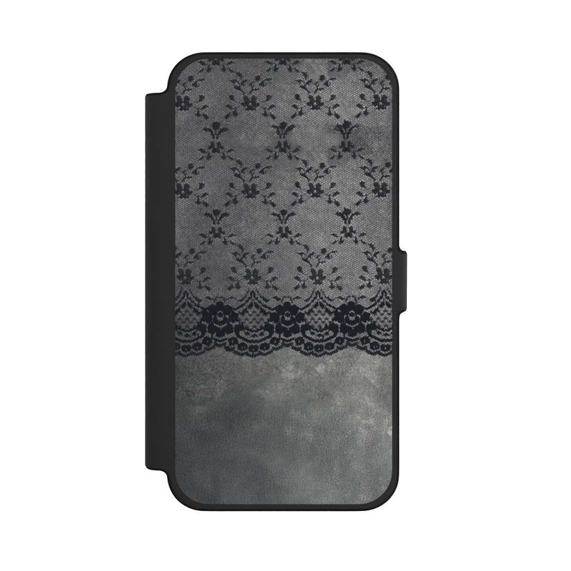 iPhone 12 Pro Max NIVOflip Schwarzes Spitzenmuster auf grauem Hintergrund