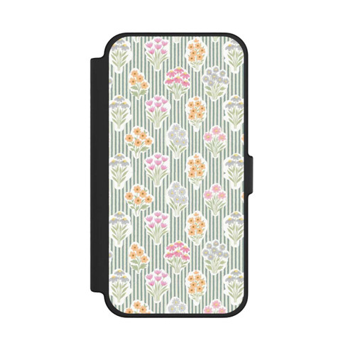 Apple iPhone 12 Pro Max NIVOflip Ditsy Flower Sticker Bouquets on Blue and Cream Pinstripes