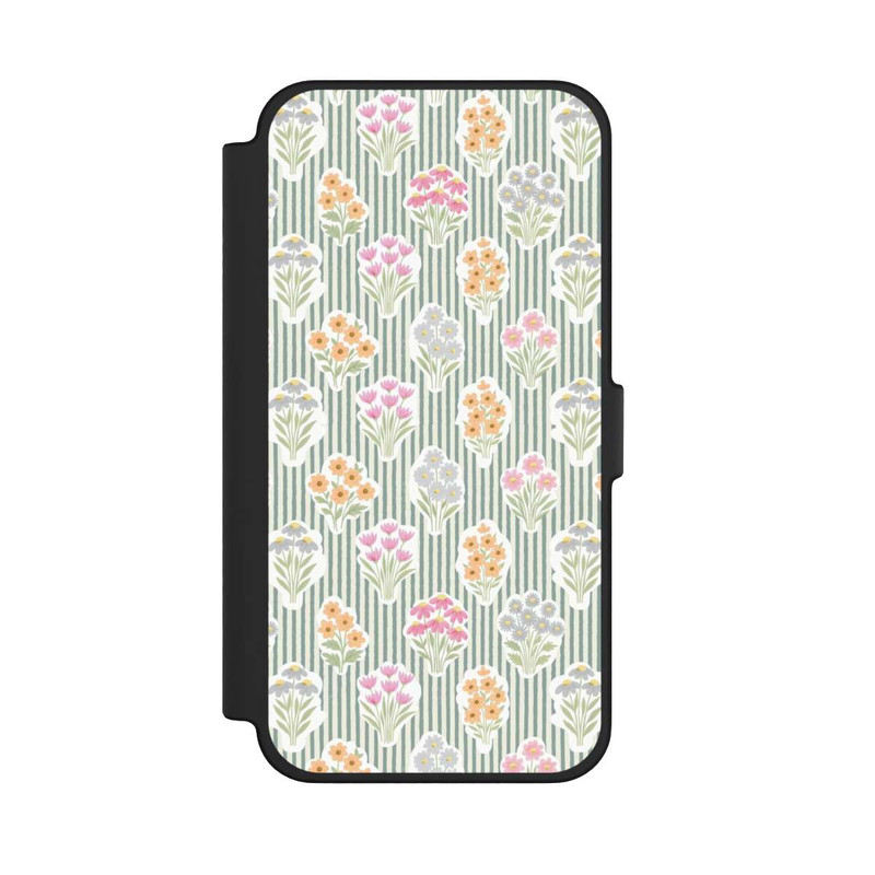 iPhone 12 Pro Max NIVOflip Ditsy Flower Sticker Bouquets on Blue and Cream Pinstripes