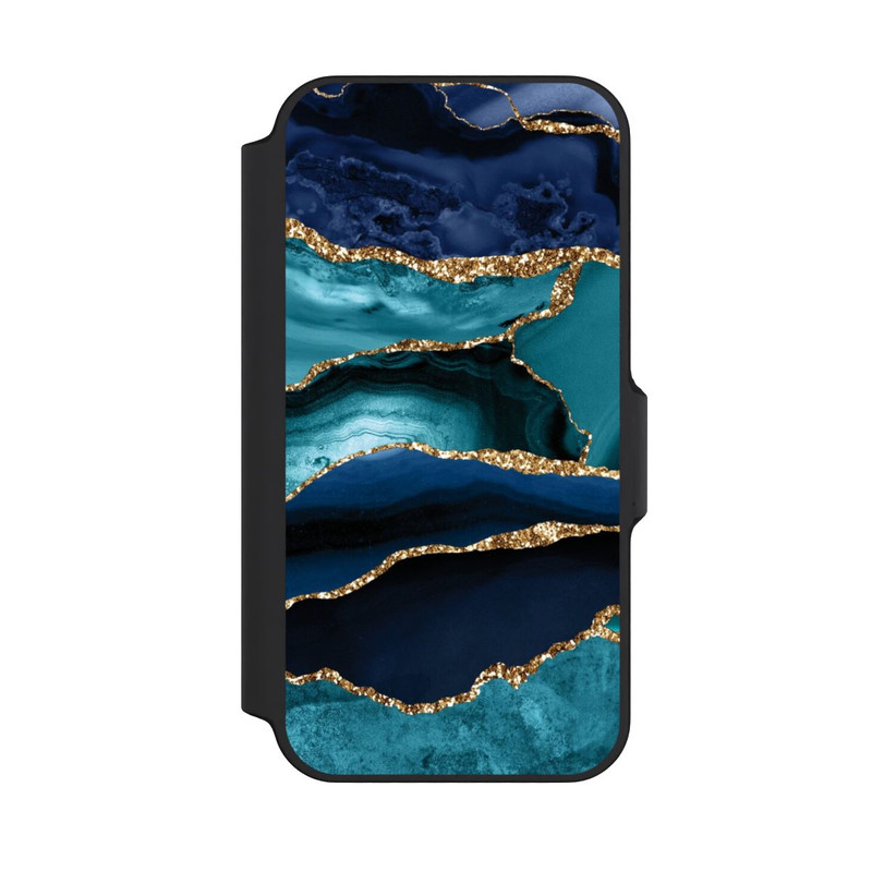 iPhone 13 Mini NIVOflip Aspect pailleté doré marbré bleu foncé et bleu clair