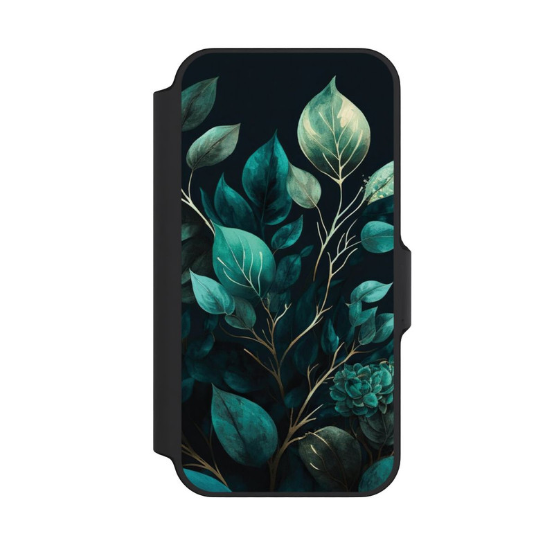 iPhone 13 Mini NIVOflip Grüne Eukalyptus Blätter mit dunklem Hintergrund mit KI