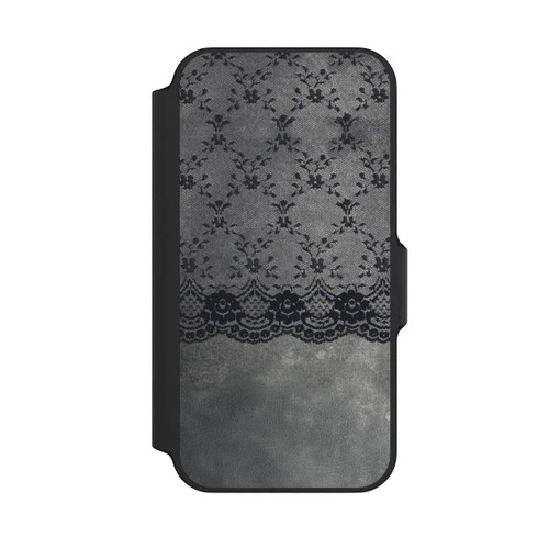 Apple iPhone 13 Mini NIVOflip Schwarzes Spitzenmuster auf grauem Hintergrund
