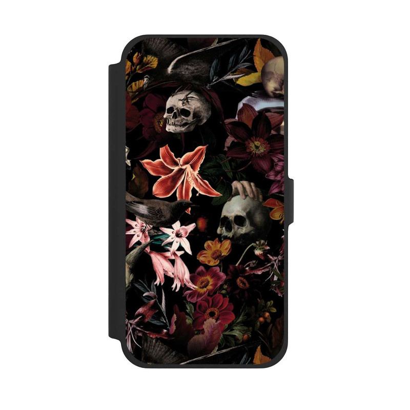 iPhone 13 Pro Max NIVOflip Totenköpfe und Blumen auf dunklem Hintergrund
