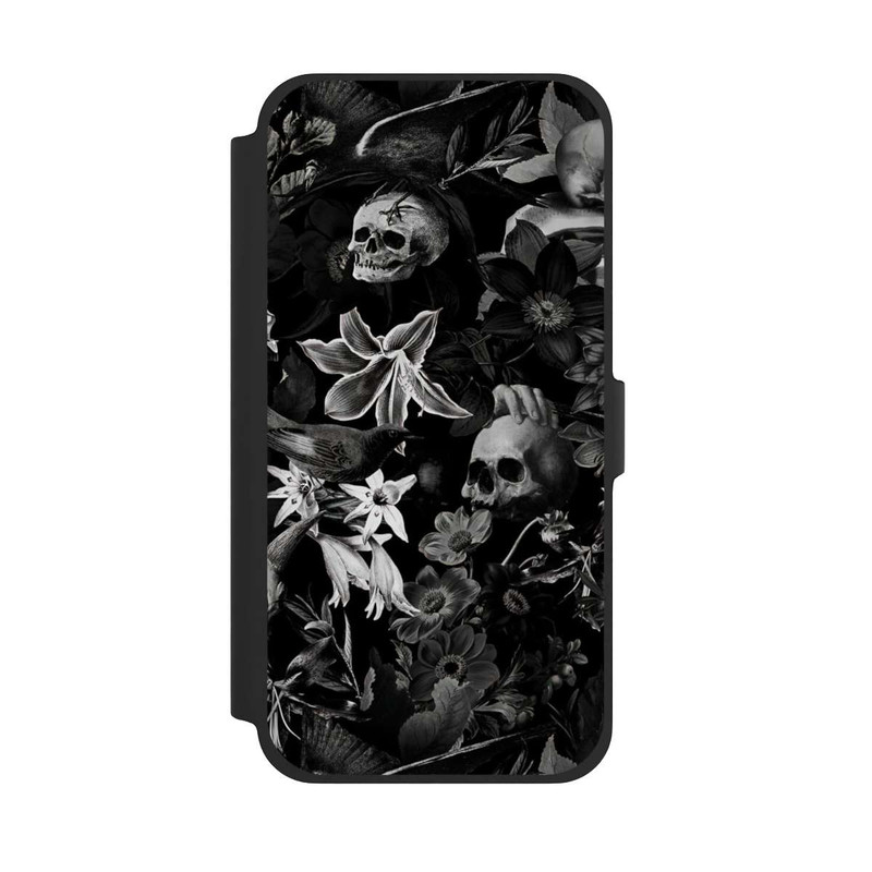 iPhone 13 Pro Max NIVOflip Totenköpfe und Blumen auf schwarzem Hintergrund