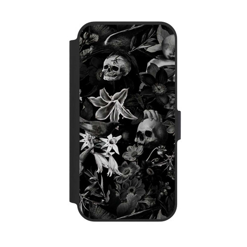 Apple iPhone 13 Pro NIVOflip Totenköpfe und Blumen auf schwarzem Hintergrund