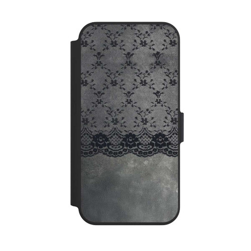Apple iPhone 13 Pro NIVOflip Schwarzes Spitzenmuster auf grauem Hintergrund