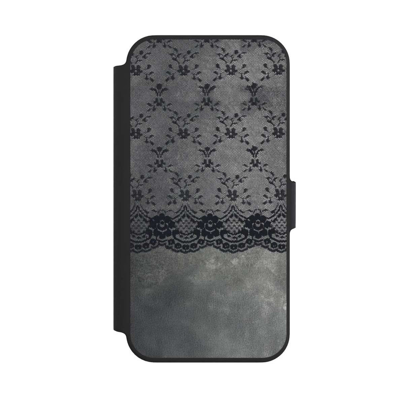 iPhone 13 Pro NIVOflip Schwarzes Spitzenmuster auf grauem Hintergrund
