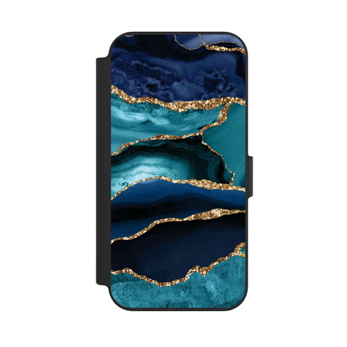 Apple iPhone 13 NIVOflip Dark and Light Blue Marble Gold Glitter Look