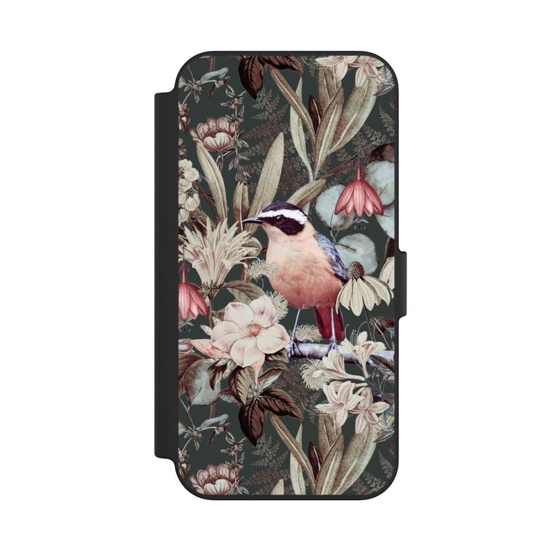 iPhone 13 NIVOflip Orangefarbener Vogel im Vintage Blumenmuster