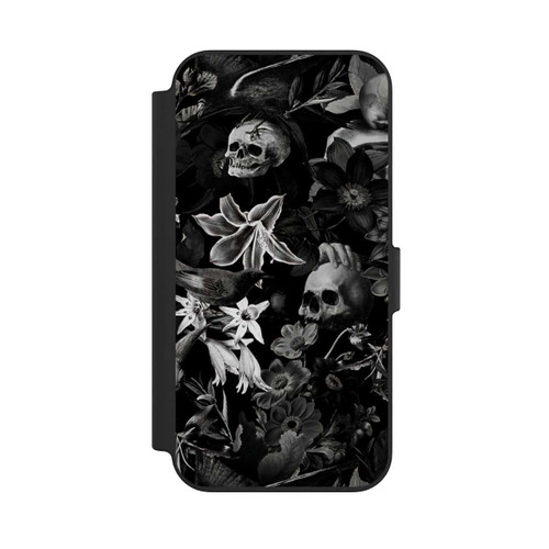 Apple iPhone 13 NIVOflip Totenköpfe und Blumen auf schwarzem Hintergrund