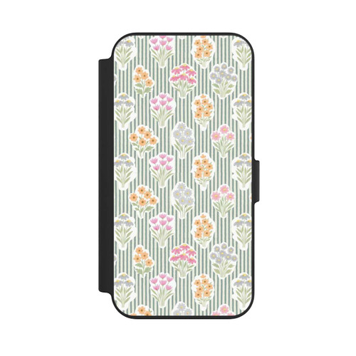 Apple iPhone 13 NIVOflip Ditsy Flower Sticker Bouquets on Blue and Cream Pinstripes