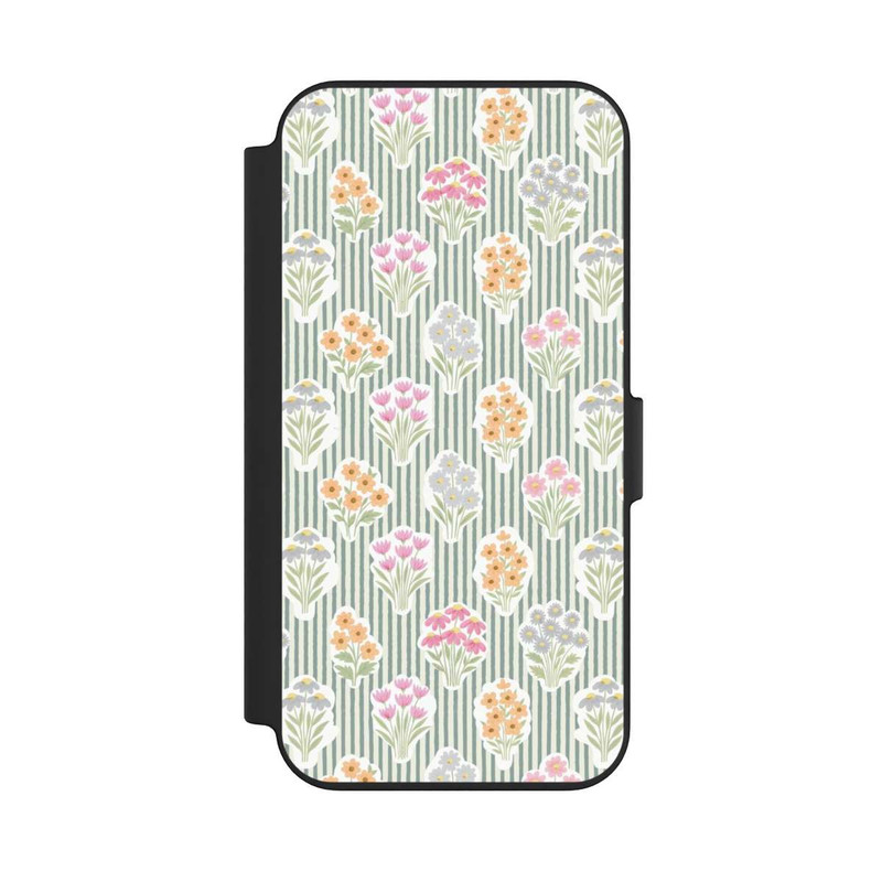 iPhone 13 NIVOflip Ditsy Flower Sticker Bouquets on Blue and Cream Pinstripes