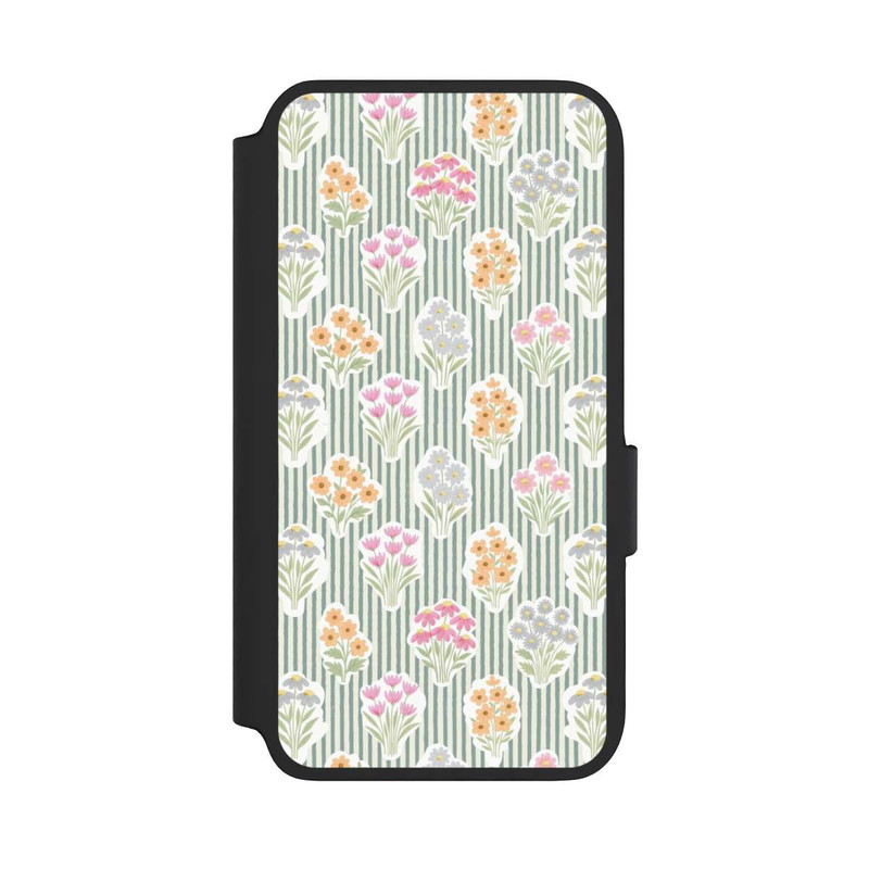 Galaxy S22 NIVOflip Ditsy Flower Sticker Bouquets on Blue and Cream Pinstripes