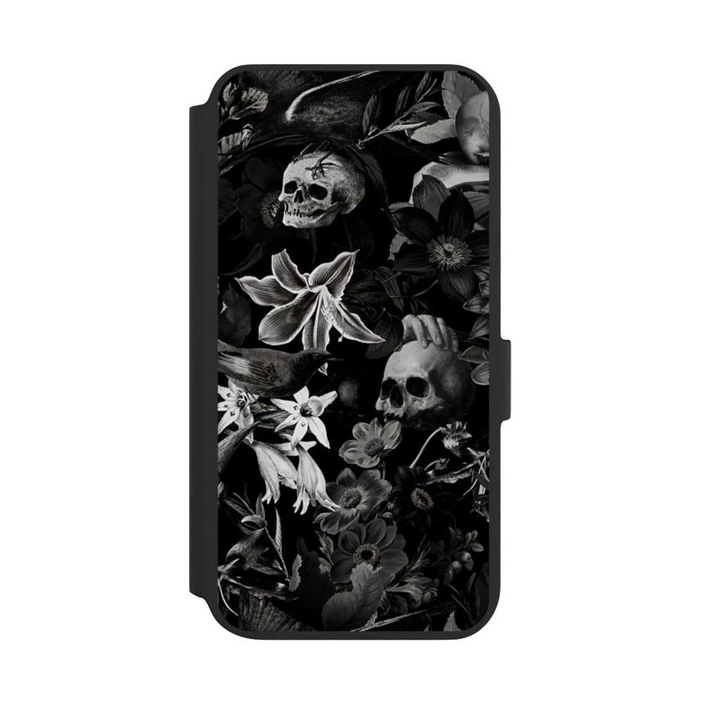 Galaxy S22 + NIVOflip Totenköpfe und Blumen auf schwarzem Hintergrund
