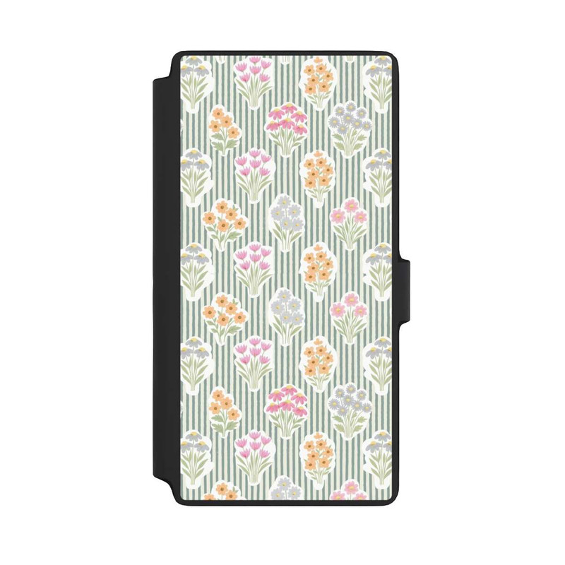 Galaxy S22 Ultra NIVOflip Ditsy Flower Sticker Bouquets on Blue and Cream Pinstripes