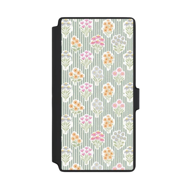 Galaxy S22 Ultra NIVOflip Ditsy Flower Sticker Bouquets on Blue and Cream Pinstripes