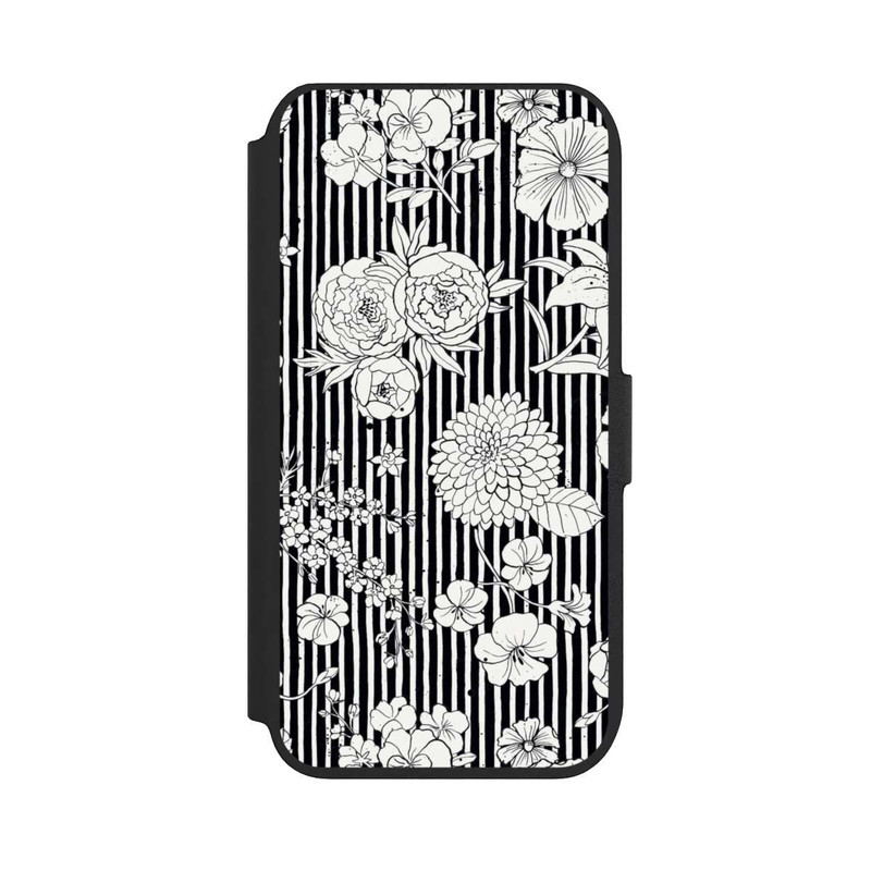 iPhone SE 2022 NIVOflip Fleurs et rayures noir et blanc