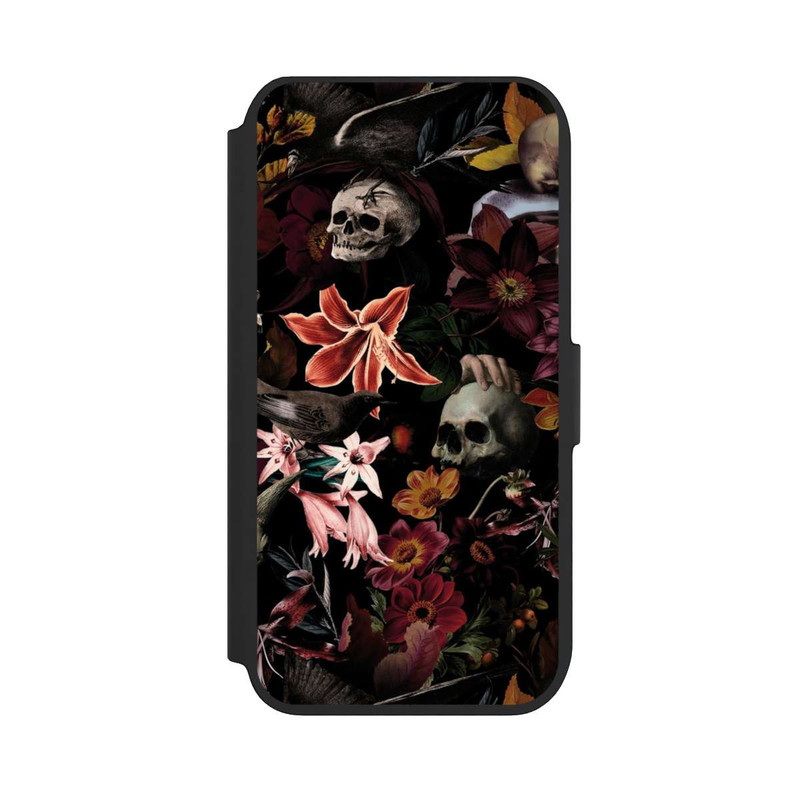 iPhone SE 2022 NIVOflip Totenköpfe und Blumen auf dunklem Hintergrund
