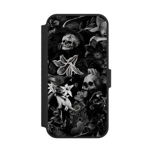 Apple iPhone 14 NIVOflip Totenköpfe und Blumen auf schwarzem Hintergrund