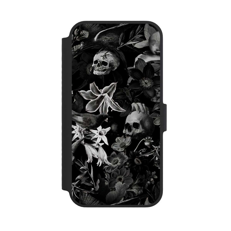 iPhone 14 NIVOflip Totenköpfe und Blumen auf schwarzem Hintergrund