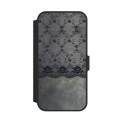 Apple iPhone 14 NIVOflip Schwarzes Spitzenmuster auf grauem Hintergrund