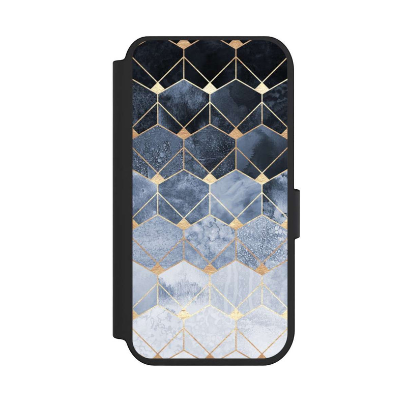 iPhone 14 Pro NIVOflip Blaue Sechsecke und Diamanten Golddruck