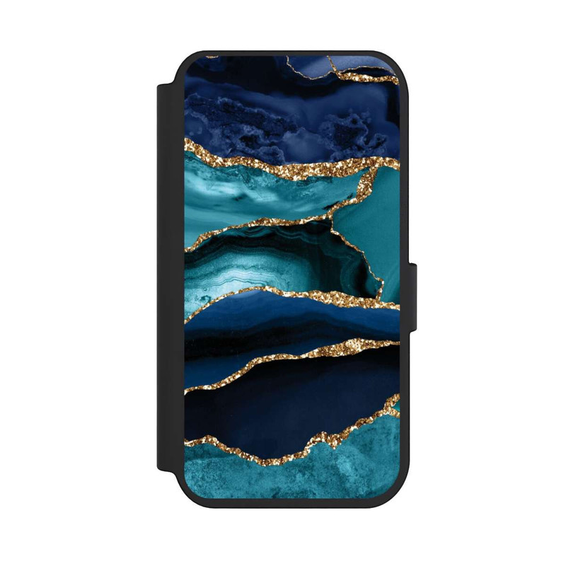 iPhone 14 Pro NIVOflip Dark and Light Blue Marble Gold Glitter Look