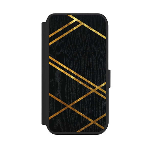 Apple iPhone 14 Pro NIVOflip Schwarzes geometrisches Muster Goldene Streifen