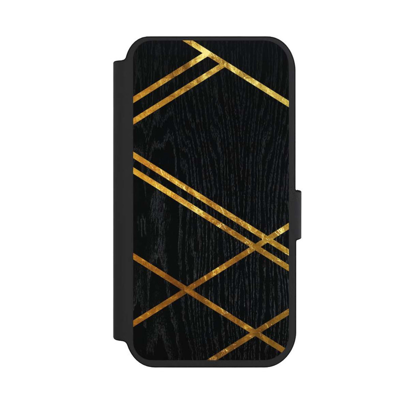 iPhone 14 Pro NIVOflip Schwarzes geometrisches Muster Goldene Streifen