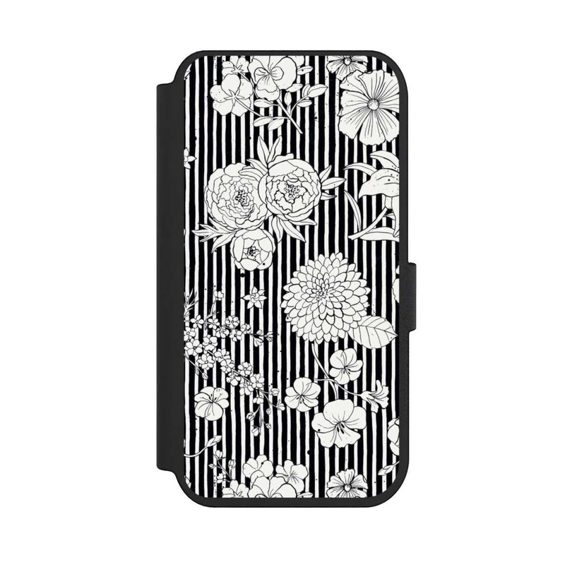 iPhone 14 Pro NIVOflip Blumen und Streifen Schwarz und Weiß