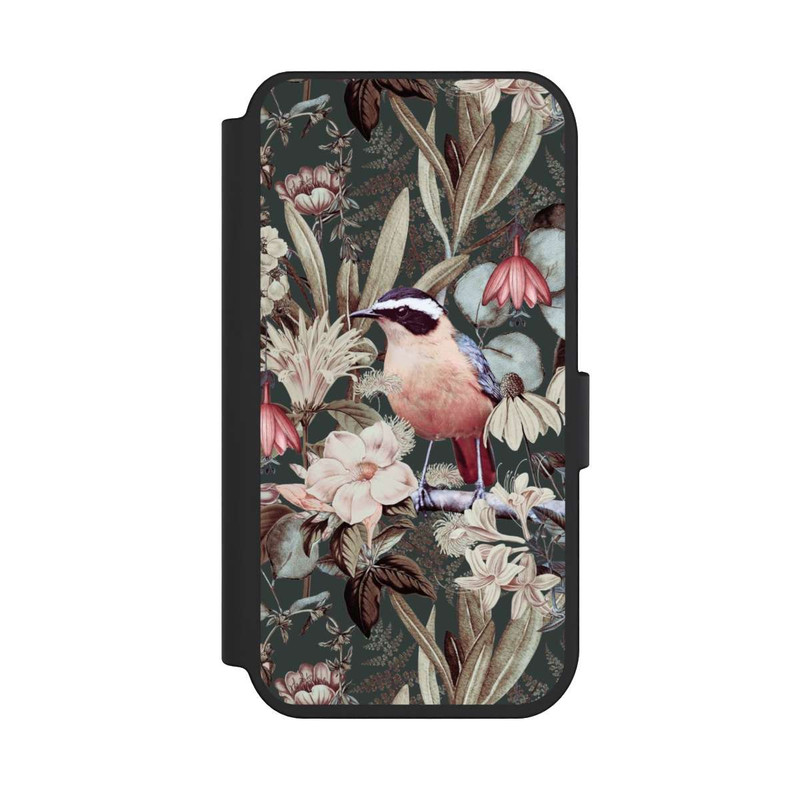 iPhone 14 Pro NIVOflip Orangefarbener Vogel im Vintage Blumenmuster
