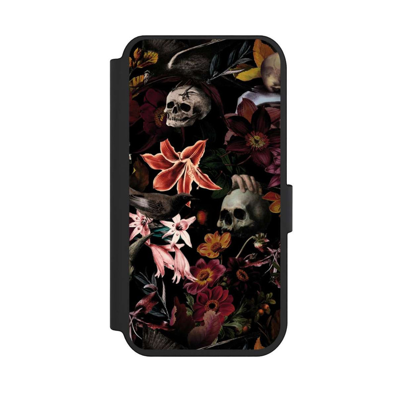 iPhone 14 Pro NIVOflip Totenköpfe und Blumen auf dunklem Hintergrund