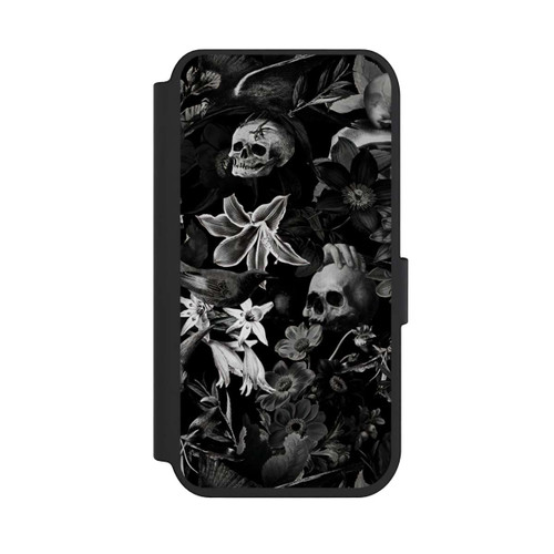 Apple iPhone 14 Pro NIVOflip Totenköpfe und Blumen auf schwarzem Hintergrund