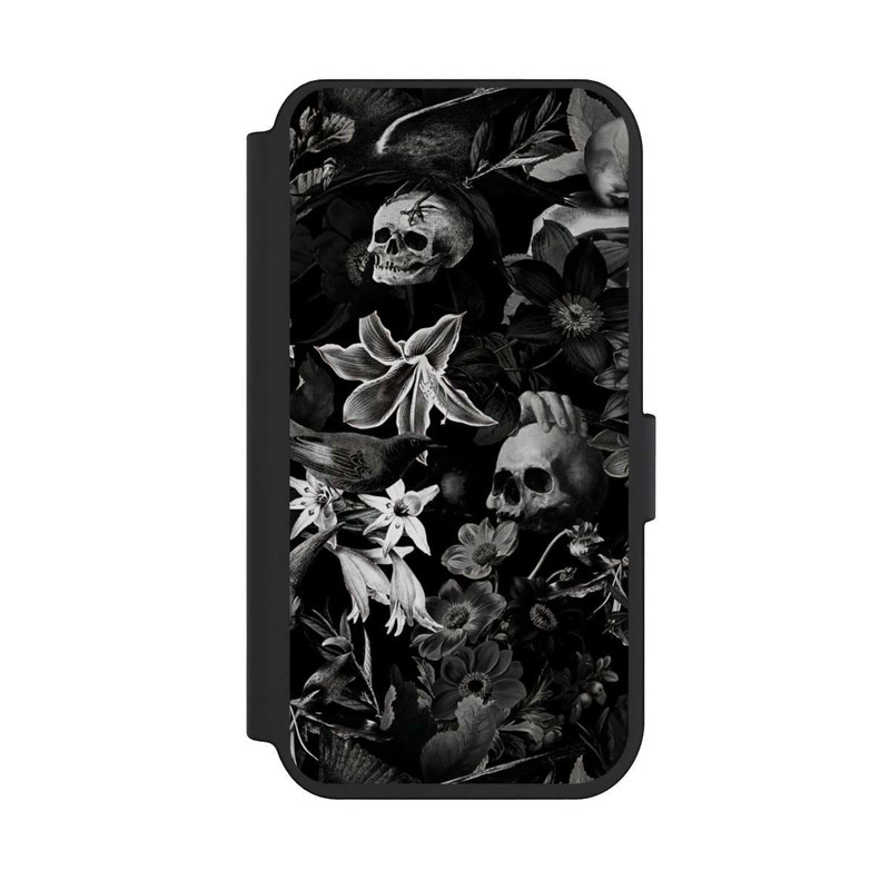 iPhone 14 Pro NIVOflip Totenköpfe und Blumen auf schwarzem Hintergrund