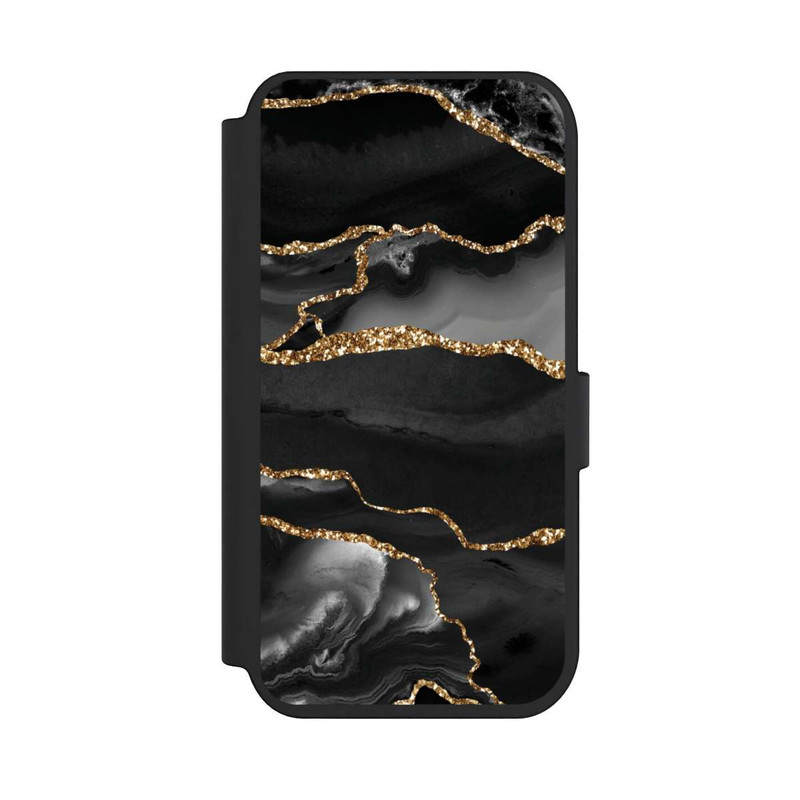 iPhone 14 Pro NIVOflip Dunkle Marmorstreifen im Goldlook